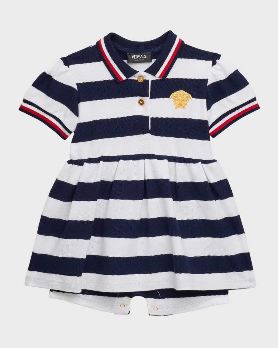 Girl's Embroidered Striped Collared Pique Romper, Size 3